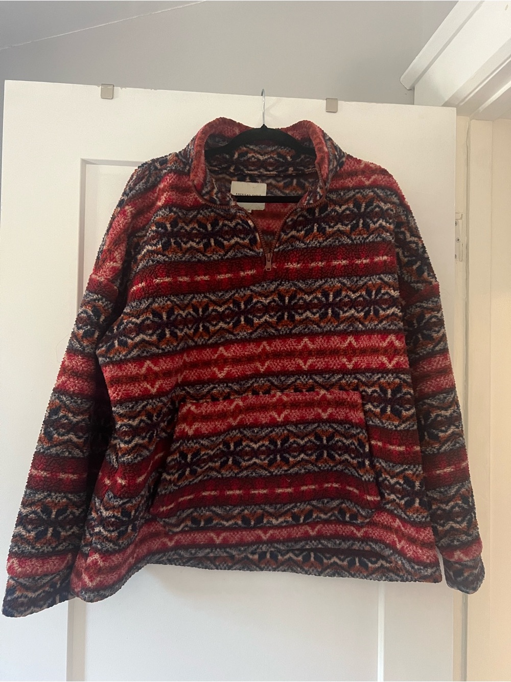 American Eagle Outfitters Red Multicolor Patterned Half-Zip Pullover